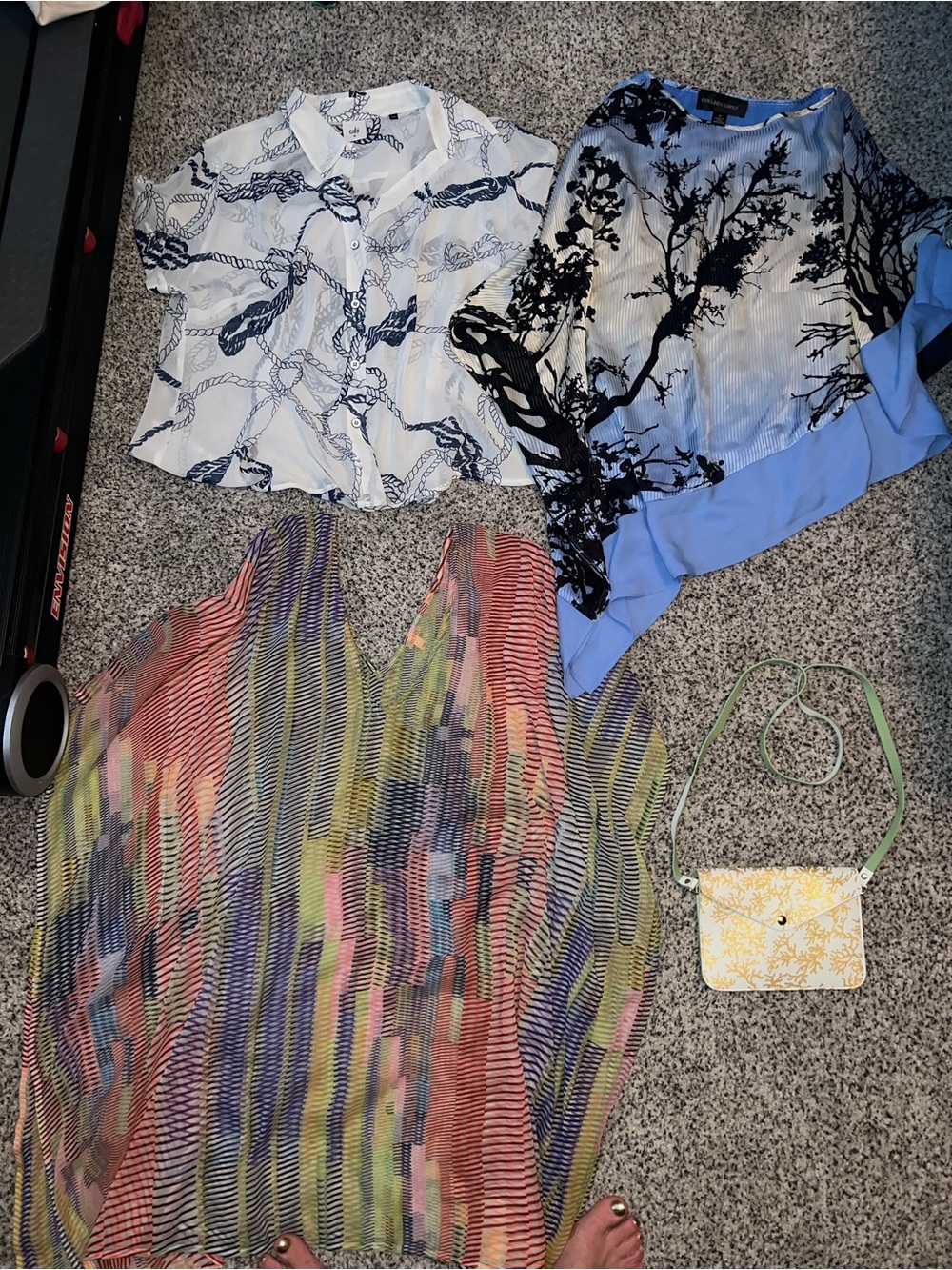 4 pack of items, 3 blouses and a purse. 1 cabi, 1 sheer great set and cheap.